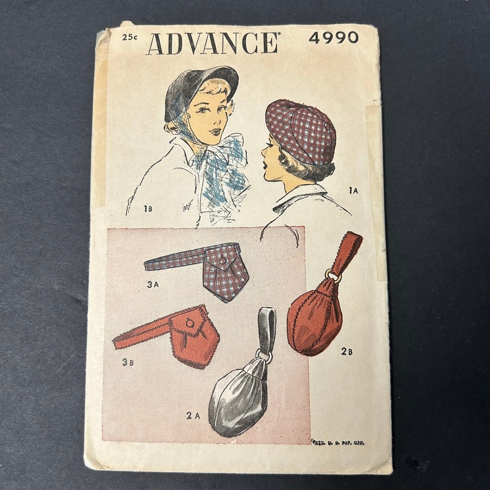 Vintage 40's Advance Sewing Pattern 4990 Women One Size Hat Bag Belt